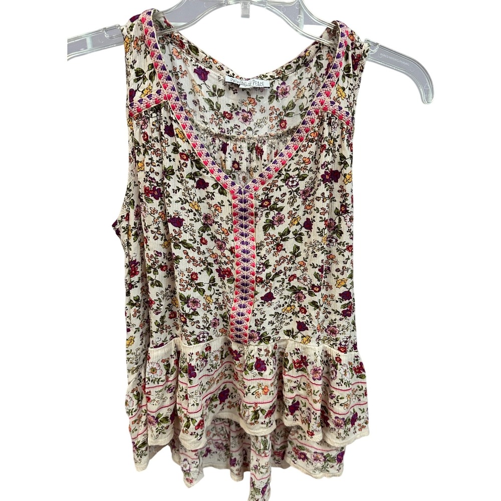 Patrons of Peace Floral Print Tank Top Sleeveless Peplum Hem Casual Boho Chic